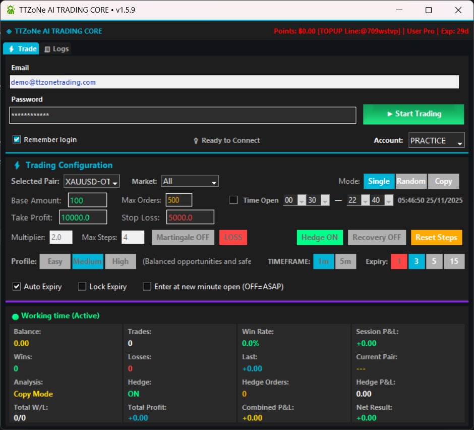 TTZoNe AI TRADING CORE main screen